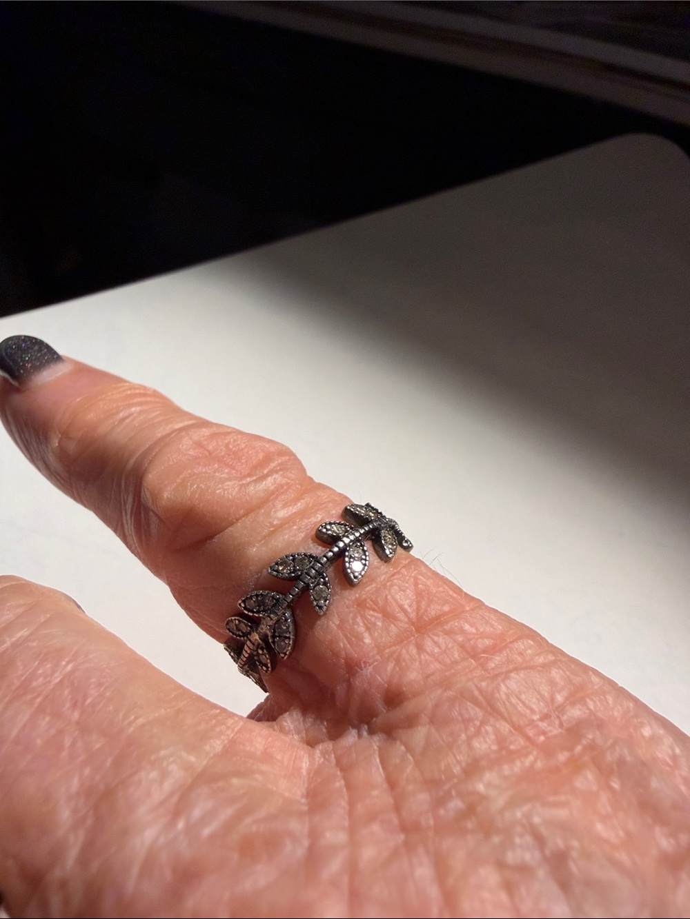Leaf Vine Band Ring in Blackened Silver - diamond Women Jewelry